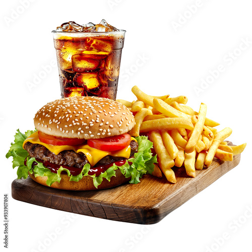 Highly realistic advertising photo of a burger menu, soda and french fries isolated on transparent background photo