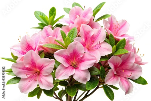 Delicate pink azalea flowers with lush green leaves isolated against a pure white background, perfect for adding a touch of springtime elegance to any design.