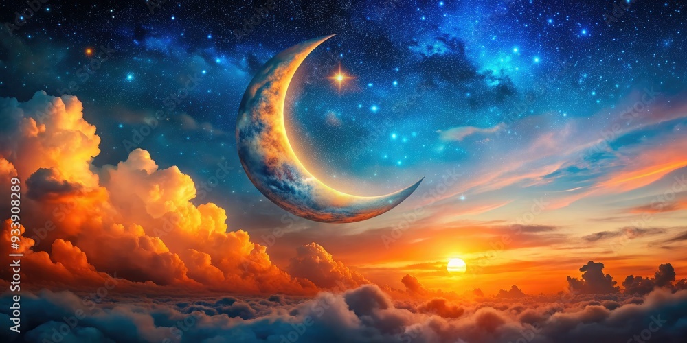 Fototapeta premium Vibrant orange and blue hues illuminate the Ramadan night sky, featuring a majestic crescent moon, stars, and galaxy clouds, symbolizing hope and spirituality.