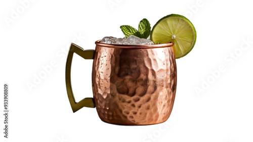 Moscow mule cocktail alcohol drink in a copper cup isolated on transparent white background photo