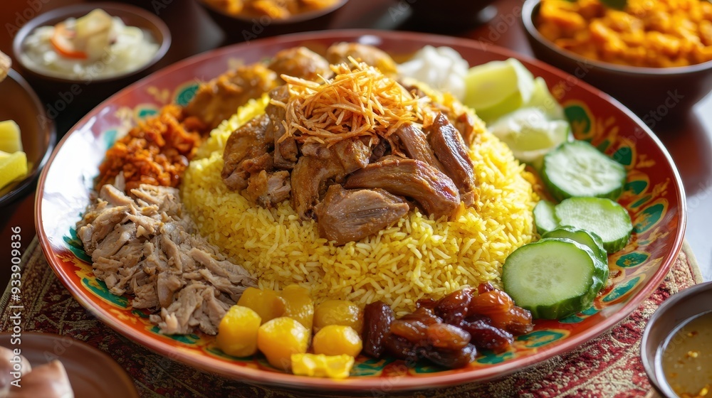 Kebuli is served on a plate with boiled vegetables. Arab food
Kebuli is served on a plate with boiled vegetables. Arab food