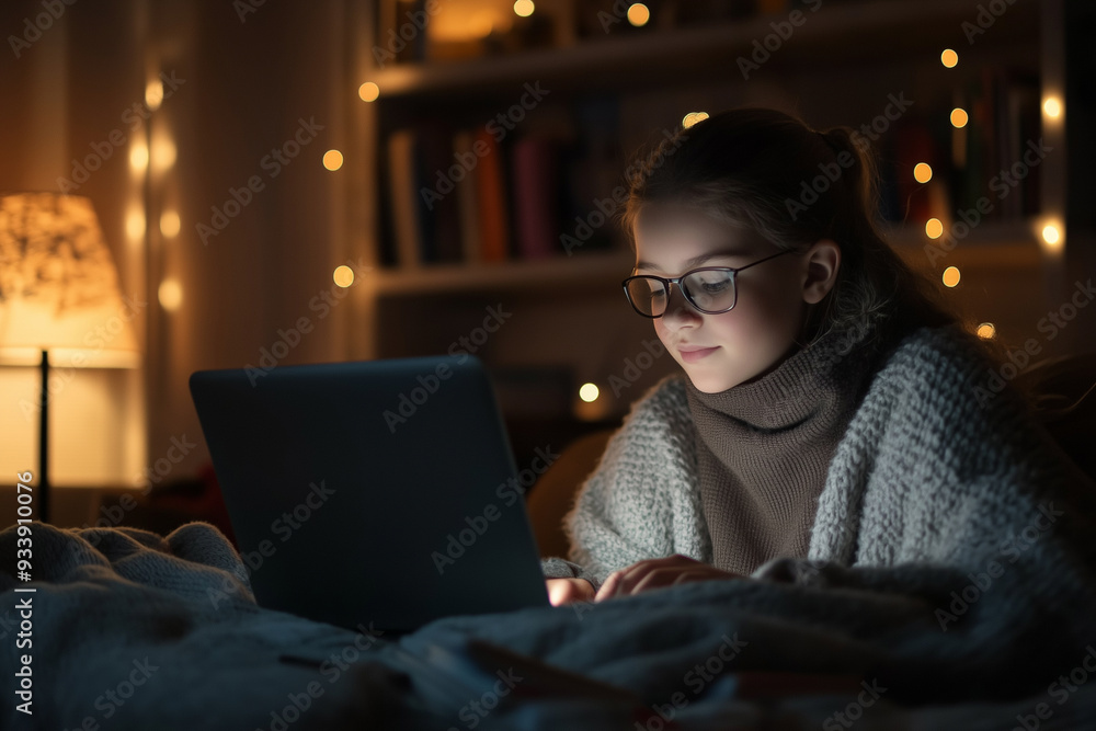 A girl is sitting on a bed with a laptop open in front of her A girl is sitting on a bed with a laptop open in front of her