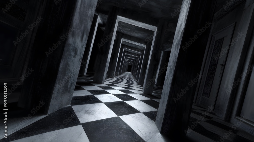 Fototapeta premium Eerie Checkered Hallway Leading to the Unknown