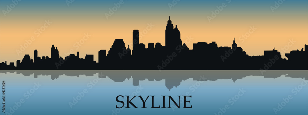 The city skyline. Black silhouette of the city skyline with a shadow. Vector on the background of sunset. The city skyline. Black silhouette of the city skyline with a shadow. Vector on the background of sunset.