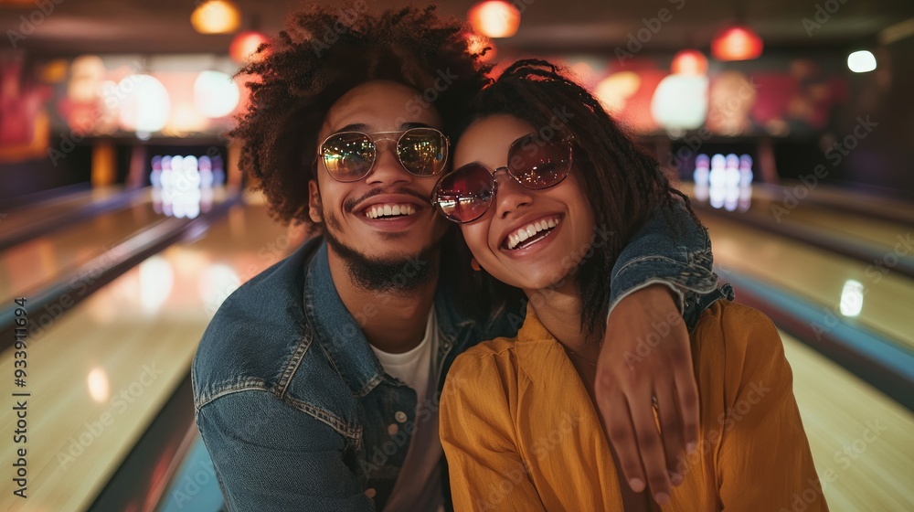 A pleasant period of time to spend. On weekends, a happy young couple enjoys themselves at the bowling club. A pleasant period of time to spend. On weekends, a happy young couple enjoys themselves at the bowling club.