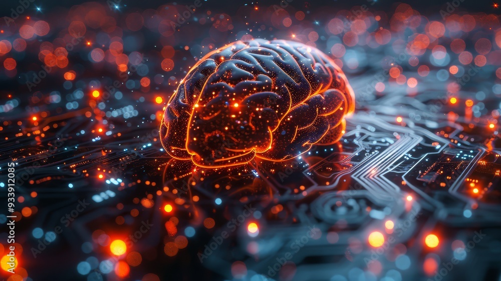 Glowing hologram of human brain 3D structure with dark background Glowing hologram of human brain 3D structure with dark background