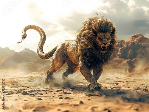 Fearsome Mythical Hybrid Beast with Lion s Head and Serpent s Tail in Dramatic Desert Landscape photo