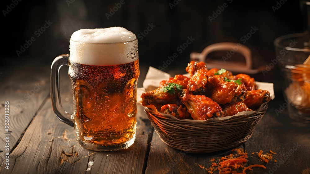 Frosty Beer Mug Beside Basket of Spicy Chicken Wings on Rustic Wooden Table Frosty Beer Mug Beside Basket of Spicy Chicken Wings on Rustic Wooden Table