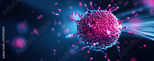 Mutating breast cancer cell, digital rendering, scientific accuracy, futuristic tones