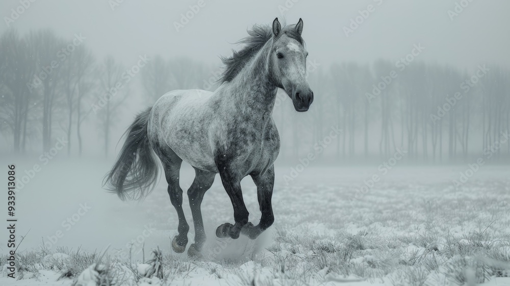 white horse gallops through the pristine snow of a winter field, embodying beauty and freedom. white horse gallops through the pristine snow of a winter field, embodying beauty and freedom.