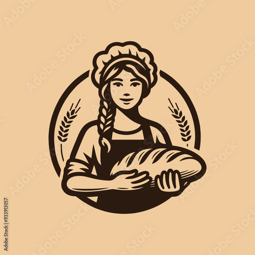 Bakery emblem, logo, icon. Woman baker with bread. Vector vintage retro illustration in brown tones