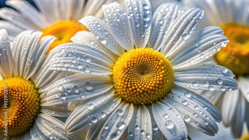 Delicate white petals with yellow centers of oxeye daisies glisten with dew drops, revealing intricate textures and details in a serene, close-up macro shot. photo