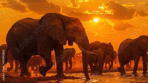 An elephant bathed in the glow of the setting sun, standing tall in the grasslands. The rich, golden light captures the essence of the wild and the timeless elegance of these gentle giants. photo