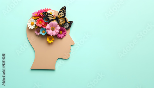 Cardboard silhouette of human head decorated with flowers and butterfly on mint background. World mental health day concept. Vertical banner. Copy space isolated with white highlights, png photo