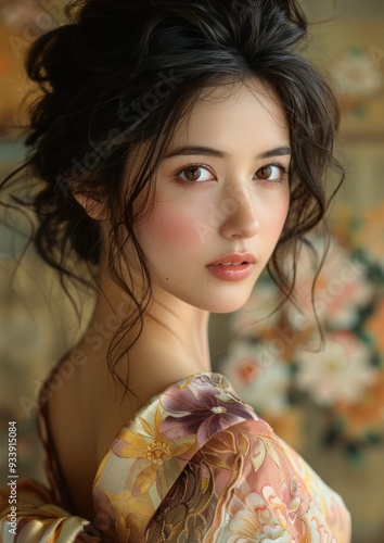 Classical and elegant photograph of a very cute Japanese female, showcasing her charm. photo