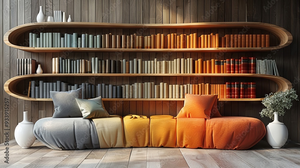 Modern bookshelf with colorful books and pillows Modern bookshelf with colorful books and pillows