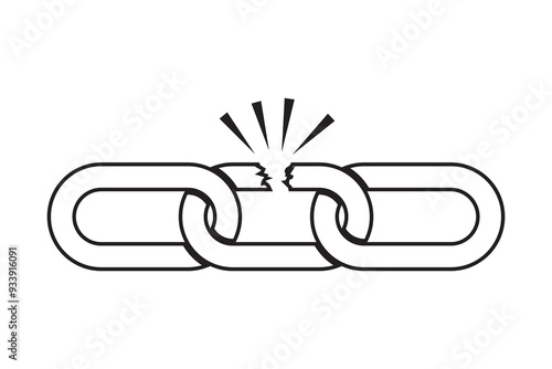 Broken Chain line icon, Weaknesses icon, vector.  Metal chain icon, vector, silhouette, Simple flat logo of chain on white background. Chain icon, silhouette. Vector illustration.
