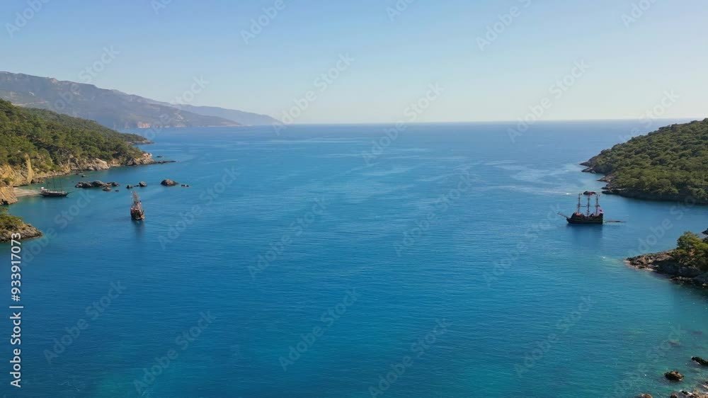 Fethiye sea, coastline, beach aerial landscape by drone in Mediterranean Turkey. Fethiye sea, coastline, beach aerial landscape by drone in Mediterranean Turkey.