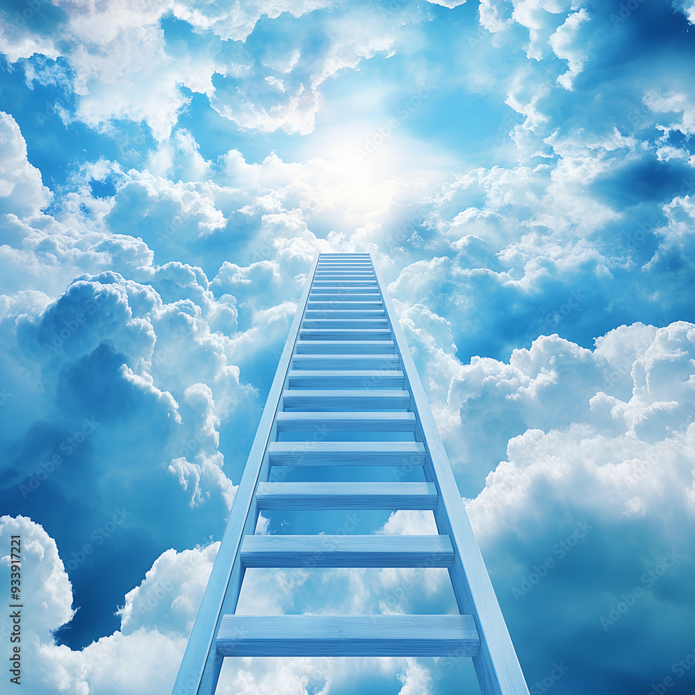 Ladder leading to blue sky and white clouds. Heaven staircase, business career progress growth and achievement. Way or path to climbing up, high top, challenge and opportunity, competition, goal Ladder leading to blue sky and white clouds. Heaven staircase, business career progress growth and achievement. Way or path to climbing up, high top, challenge and opportunity, competition, goal