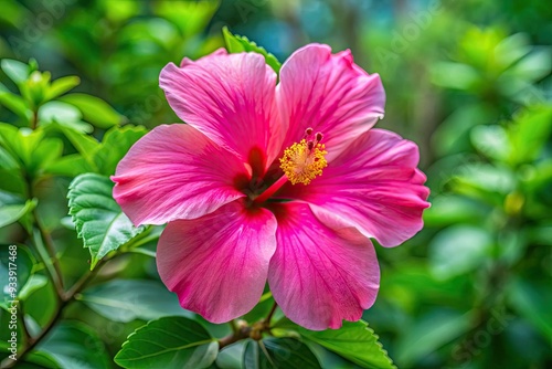 Vibrant pink Chinese hibiscus flower with large, delicate petals and prominent yellow stamen, set against a soft, blurred green foliage background.
