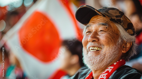 An elderly man beams with joy, wearing a cap and red scarf, surrounded by a crowd with Japanese flags at a lively event.