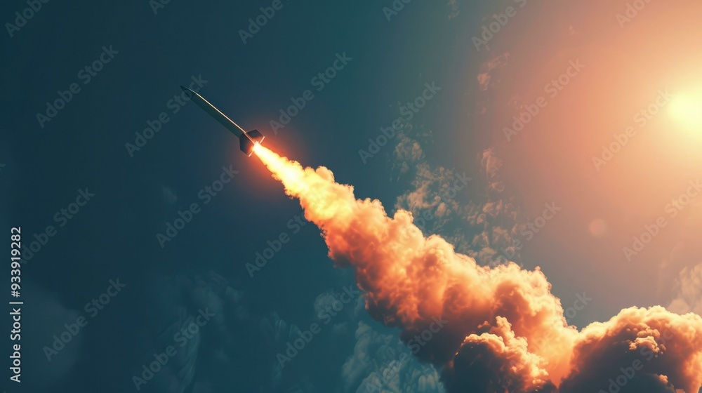 Fototapeta premium A detailed HDR photograph capturing a missile launch, showcasing dramatic smoke trails and high contrast visuals for a striking, realistic portrayal of dynamic military action.