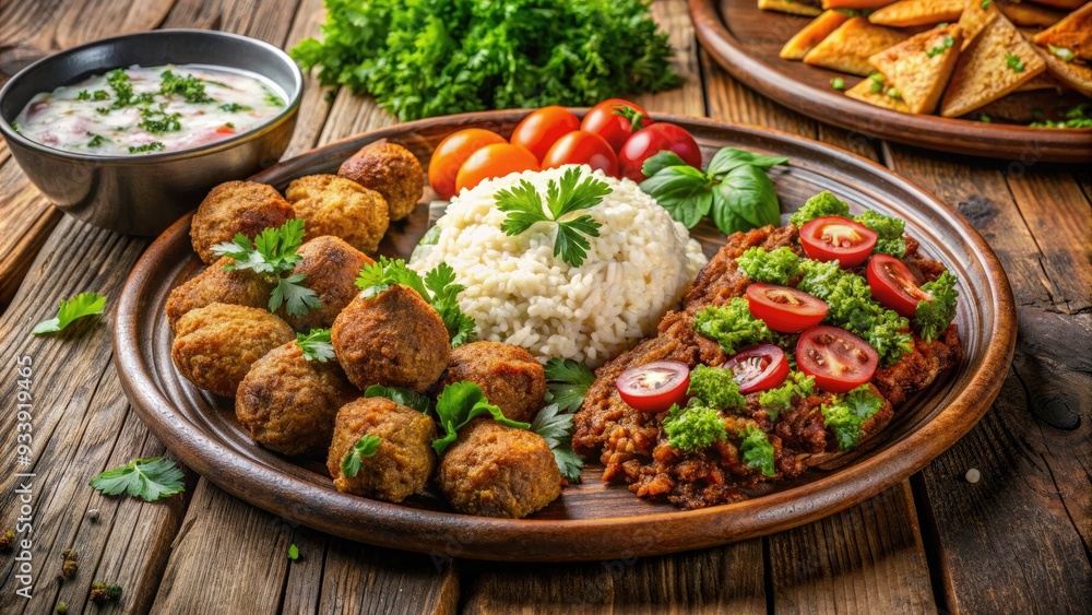 Vibrant platter featuring traditional Egyptian delicacies, including crispy falafel, flavorful shawarma, fragrant basmati rice, and fresh parsley, set against a rustic wooden backdrop. Vibrant platter featuring traditional Egyptian delicacies, including crispy falafel, flavorful shawarma, fragrant basmati rice, and fresh parsley, set against a rustic wooden backdrop.