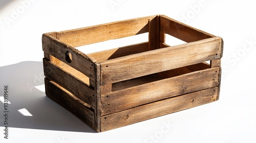 A rustic wooden crate box with weathered edges and visible grain, placed on a stark white background, casting a soft shadow