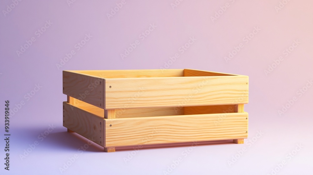 A simple wooden crate box with smooth, polished sides, isolated on a light lavender background, with a slight gradient A simple wooden crate box with smooth, polished sides, isolated on a light lavender background, with a slight gradient
