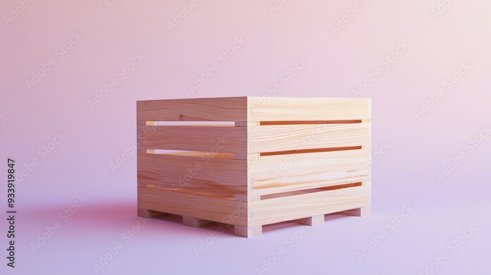 A simple wooden crate box with smooth, polished sides, isolated on a light lavender background, with a slight gradient A simple wooden crate box with smooth, polished sides, isolated on a light lavender background, with a slight gradient