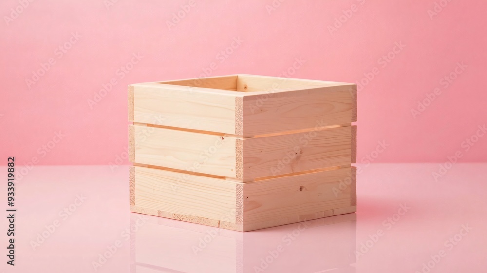 A small, square wooden crate box, isolated on a pale pink background, with a slight reflection on the surface below A small, square wooden crate box, isolated on a pale pink background, with a slight reflection on the surface below