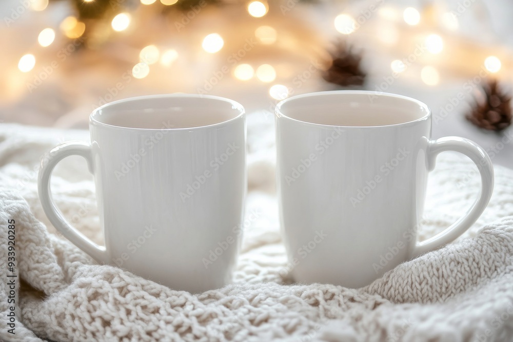 Two white mugs placed on a cozy blanket surrounded by pinecones and holiday decorations in a softly lit winter setting Two white mugs placed on a cozy blanket surrounded by pinecones and holiday decorations in a softly lit winter setting