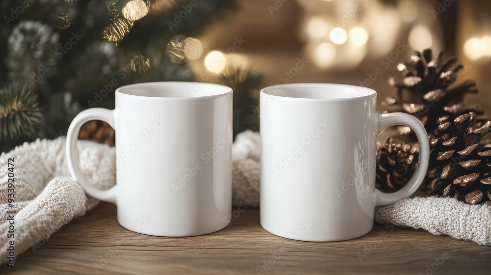 Two white mugs placed on a cozy blanket surrounded by pinecones and holiday decorations in a softly lit winter setting Two white mugs placed on a cozy blanket surrounded by pinecones and holiday decorations in a softly lit winter setting