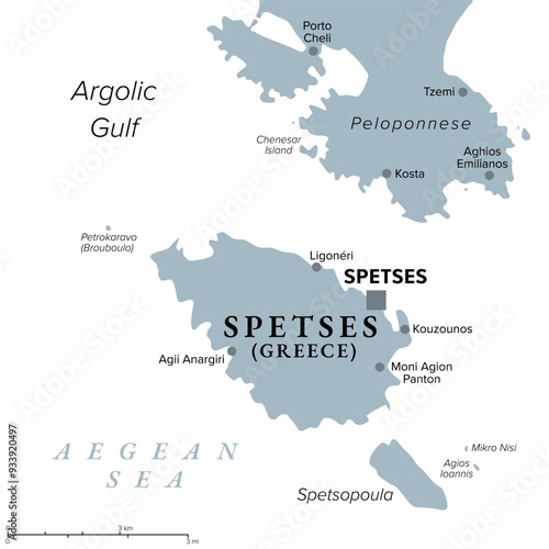 Spetses, Greek island, gray political map. Small island and municipality in the Aegean Sea, and part of the Saronic Islands, with the main town Spetses, and with the neighboring island Spetsopoula.