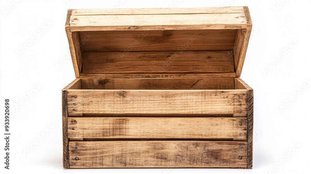 A wooden crate box with a sliding lid, isolated on a light gray background, with the lid partially open to reveal an empty interior A wooden crate box with a sliding lid, isolated on a light gray background, with the lid partially open to reveal an empty interior