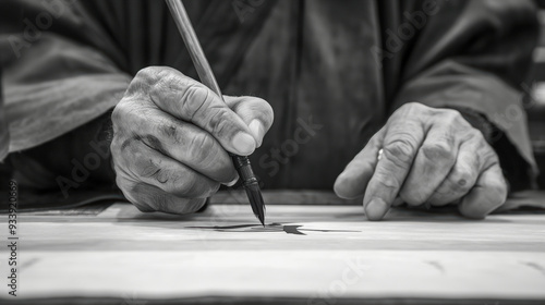 Black and white close-up of elderly hands carefully holding a brush, emphasizing the delicate art of calligraphy. The focus on the hands highlights the mastery and tradition of the craft.