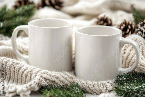 Wallpaper Mural Two white mugs placed on a cozy blanket surrounded by pinecones and holiday decorations in a softly lit winter setting Torontodigital.ca