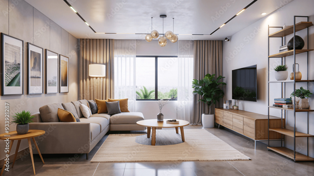 Fototapeta premium a minimal room with curtains and a potted plant