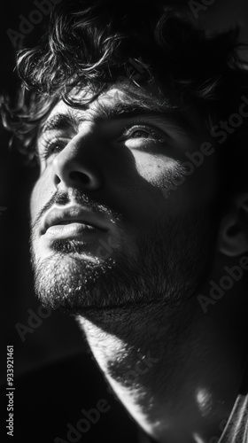 man, emotion, melancholy, handsome, portrait, close-up, dramatic lighting, black and white, monochrome, low key, shadows, contrasting, expressive, intense, powerful