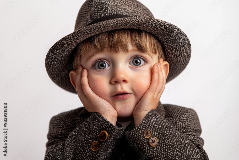 Little Gentleman in a Hat: A captivating portrait of a toddler boy, his wide blue eyes filled with wonder, his hands resting thoughtfully on his cheeks, wearing a stylish hat and a plaid jacket, again Little Gentleman in a Hat: A captivating portrait of a toddler boy, his wide blue eyes filled with wonder, his hands resting thoughtfully on his cheeks, wearing a stylish hat and a plaid jacket, again