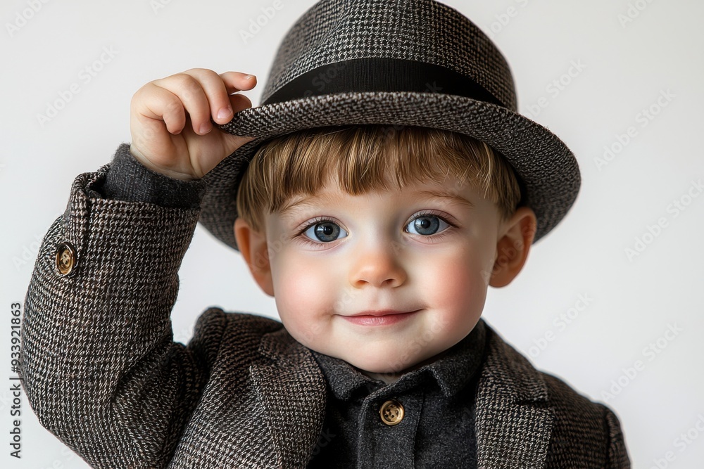 Charming Little Gentleman: A portrait of a toddler boy wearing a dapper suit and fedora, exuding a charming and stylish persona. His bright blue eyes and a playful smile create a heartwarming scene. Charming Little Gentleman: A portrait of a toddler boy wearing a dapper suit and fedora, exuding a charming and stylish persona. His bright blue eyes and a playful smile create a heartwarming scene.