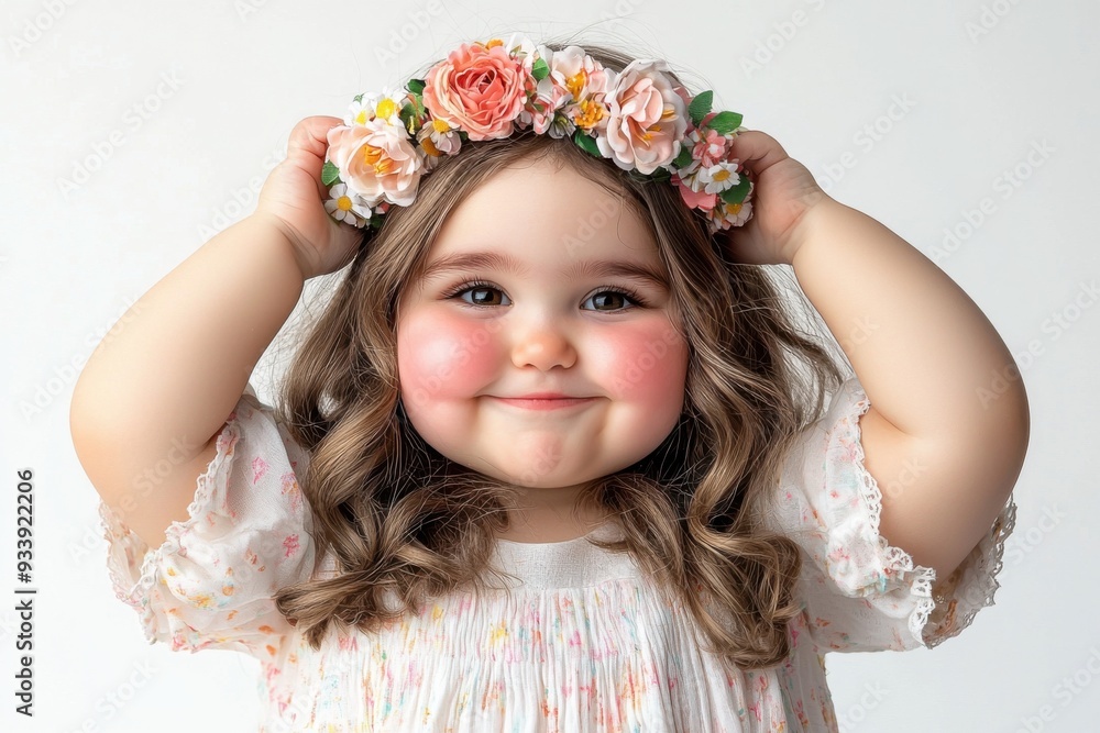 A portrait of a little girl with blond hair, wearing a dress and a flower wreath, smiling happily A portrait of a little girl with blond hair, wearing a dress and a flower wreath, smiling happily