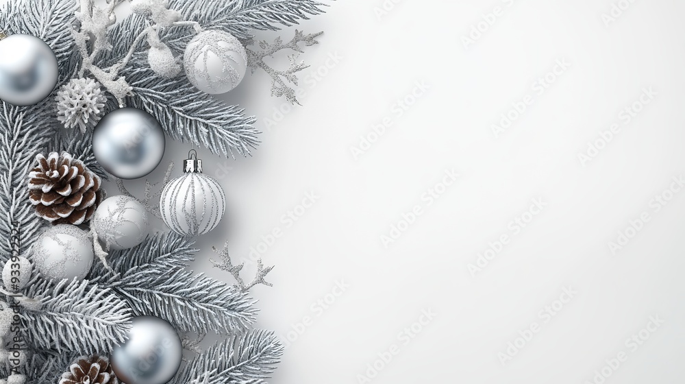 Silver Christmas decorations arranged on white background with pine branches Silver Christmas decorations arranged on white background with pine branches