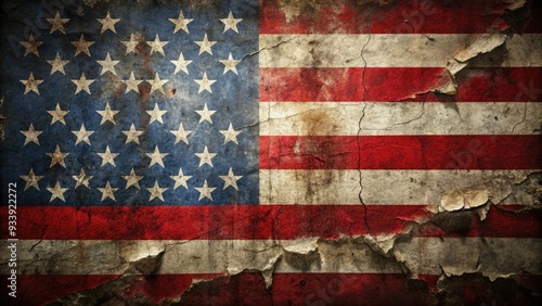 Distressed, faded, and worn American flag with frayed edges and torn stars on a dark, gritty background, evoking a sense of rebellion and worn patriotism. photo