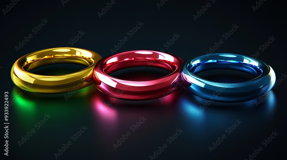 Colorful metallic rings arranged on a dark surface with reflections Colorful metallic rings arranged on a dark surface with reflections