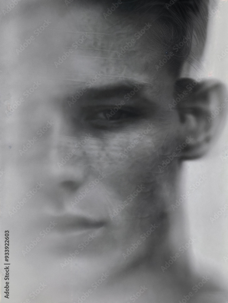 A close-up of a man's face, blurred and in black and white. A close-up of a man's face, blurred and in black and white.