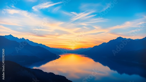 Majestic Twilight Sky Reflected in Calm Lake Amidst Mountains