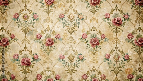 Distressed, ornate vintage wallpaper with faded florals and geometric patterns on a worn, creamy background, evoking nostalgia and classic elegance in a bygone era. photo