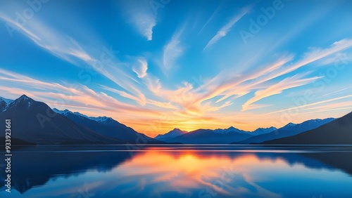 Majestic Twilight Sky Reflected in Calm Lake Amidst Mountains