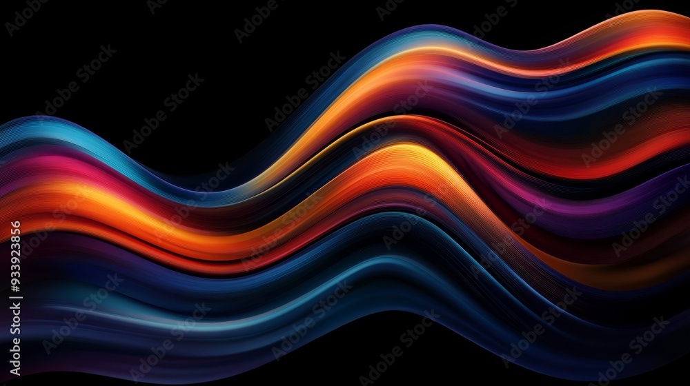 Fototapeta premium Abstract Wavy Lines in Blue, Orange, and Purple on Black Background, abstract, wavy, lines, colorful